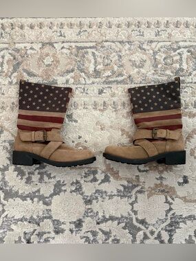 Sbicca Tan Suede Combat Boots with American Flag-Print